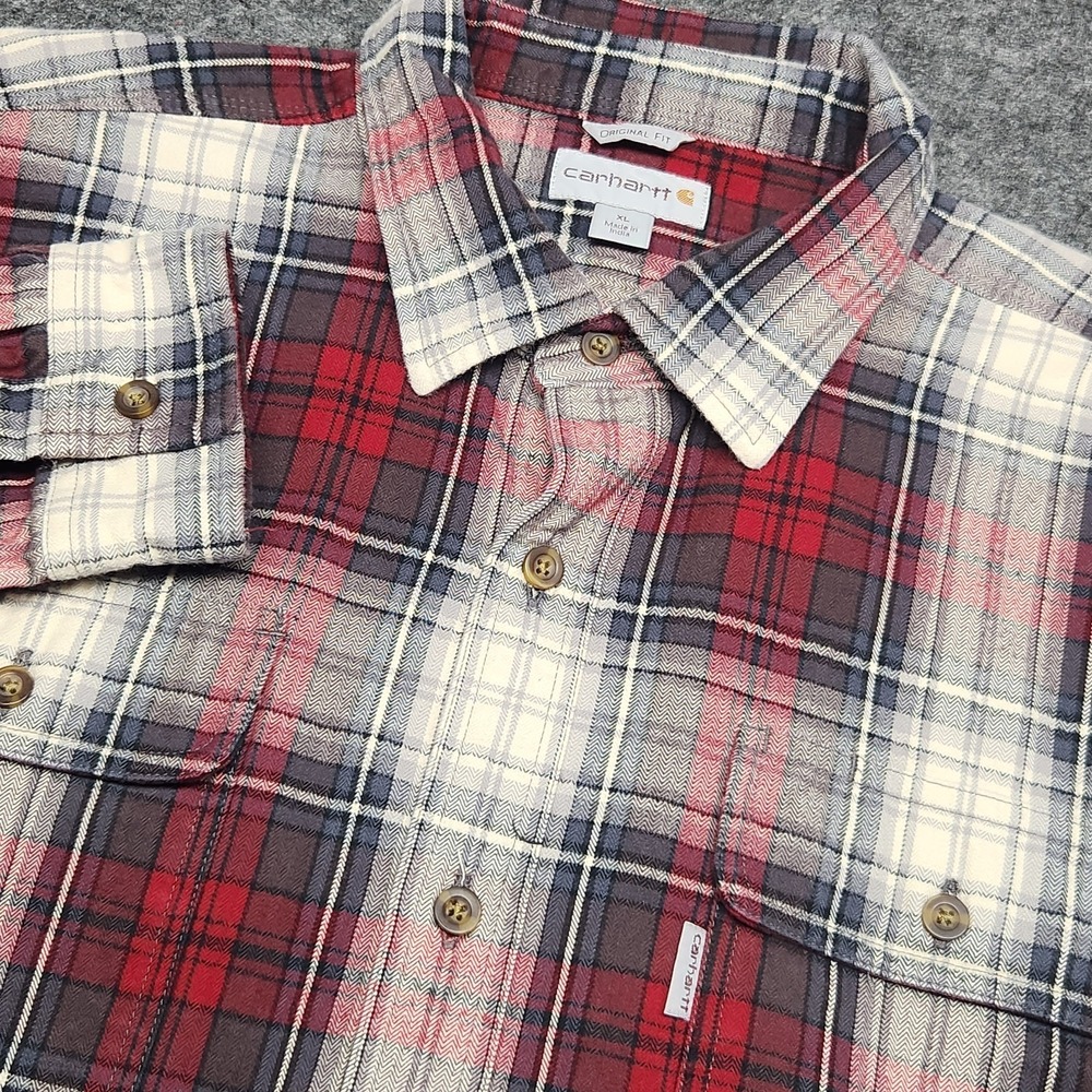 Carhartt Mens Heavy Weight Flannel Plaid Red Black Button Down Shirt XL Workwear